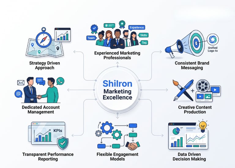 Infographic showing Shilron Marketing Excellence services including strategy, brand messaging, and data analytics.
