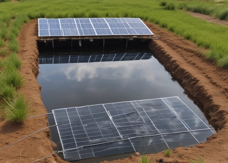 A fish pond integrated with solar energy panels.