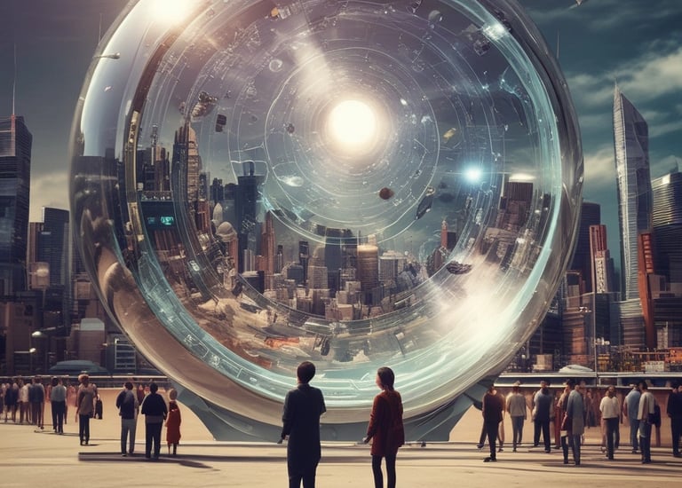 two people standing in front of a large circular object