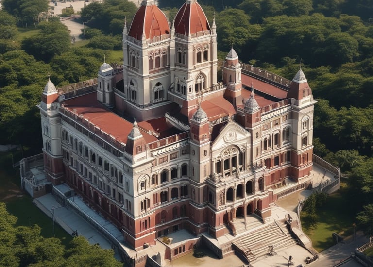 A multi-story building with a business on the ground floor displaying a sign for an architectural company. The facade includes balconies with railings. In front of the entrance, there is a table covered with a red cloth, adorned with decorative floral arrangements. Motorbikes are parked along the sidewalk and there are some potted plants on a ledge above the entrance.