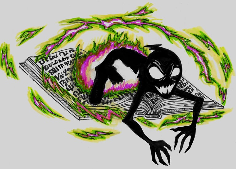 a marker drawing of a cartoon goblin being summoned from a spellbook