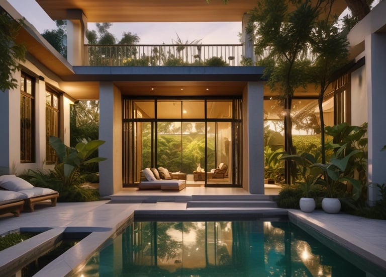 A modern apartment complex with multiple buildings. The buildings have contemporary architectural designs and are painted in various colors, including white, beige, and red brick. Several balconies and large windows are visible on each building. The courtyard area contains green plants, small trees, and a pathway. There's also a structure at the bottom right corner that might be a storage or utility shed.