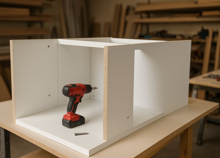 Montando mueble blanco de melamina, taladro, tornillos.