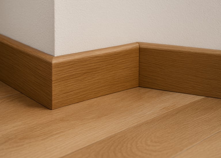 Rodapié de madera y pared blanca, primer plano.