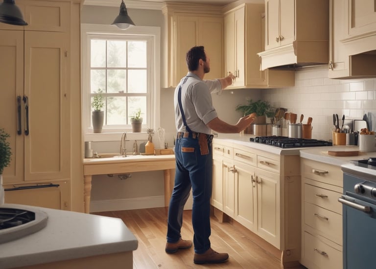 A person is using a tool with a red handle, possibly a staple remover or similar tool, to work on a wooden frame. The person is wearing a shirt with a colorful floral pattern, and their focus appears to be on the task at hand. The setting suggests a crafts or DIY environment.