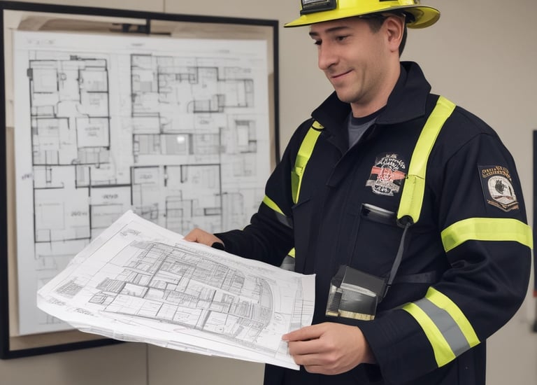 A person wearing a fire-resistant suit is engulfed in flames, participating in a controlled stunt or emergency procedure. Surrounding them are individuals in firefighting gear, each holding fire extinguishers and standing ready to intervene. The background includes industrial and possibly urban elements, with a building that has store-like features including a window displaying some items.