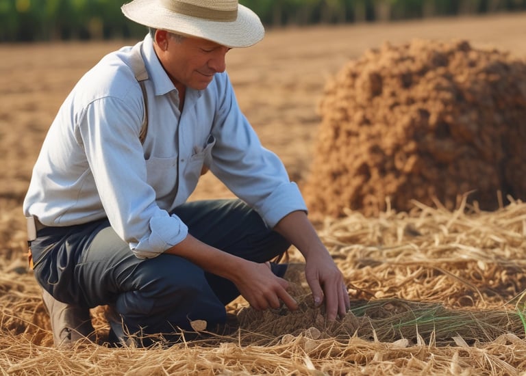 A farmer observing the quality of his harvested crops.raw hat