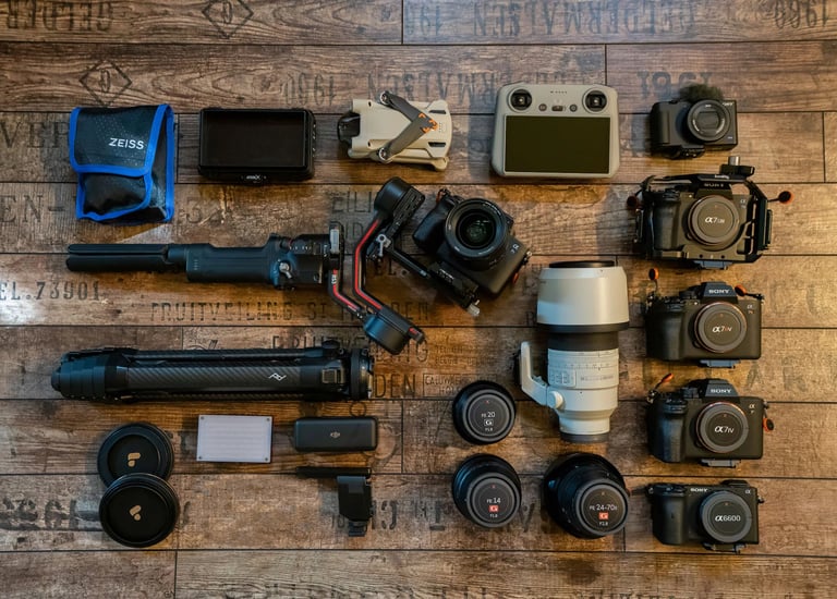 a variety of cameras and accessories on a wooden floor l wedding photographers near me 