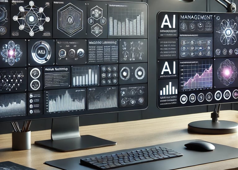 a desk with a computer monitor and a keyboard