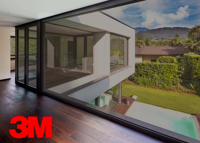 a large window with a view of a pool and a view of a house