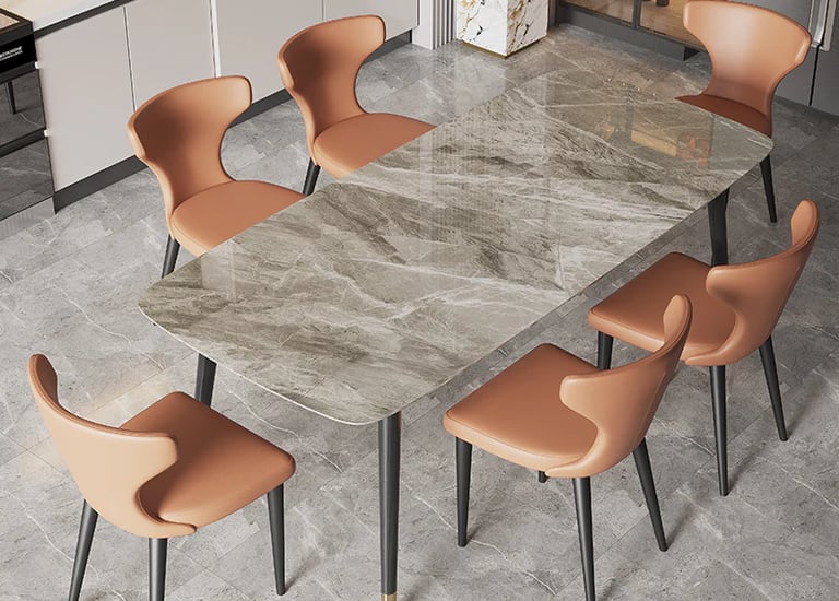 a marble table with chairs and chairs in a room