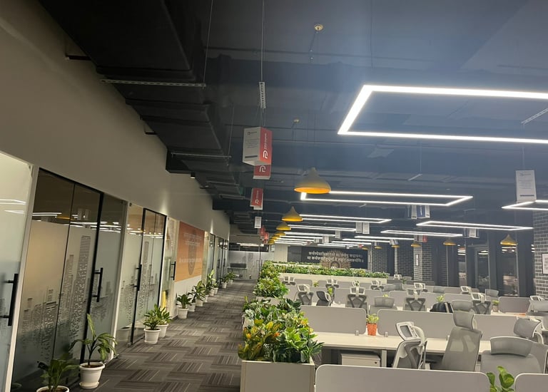 a large open area with tables and chairs
