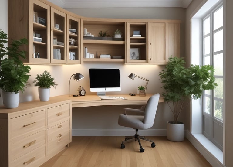 brown wooden desk near white wall