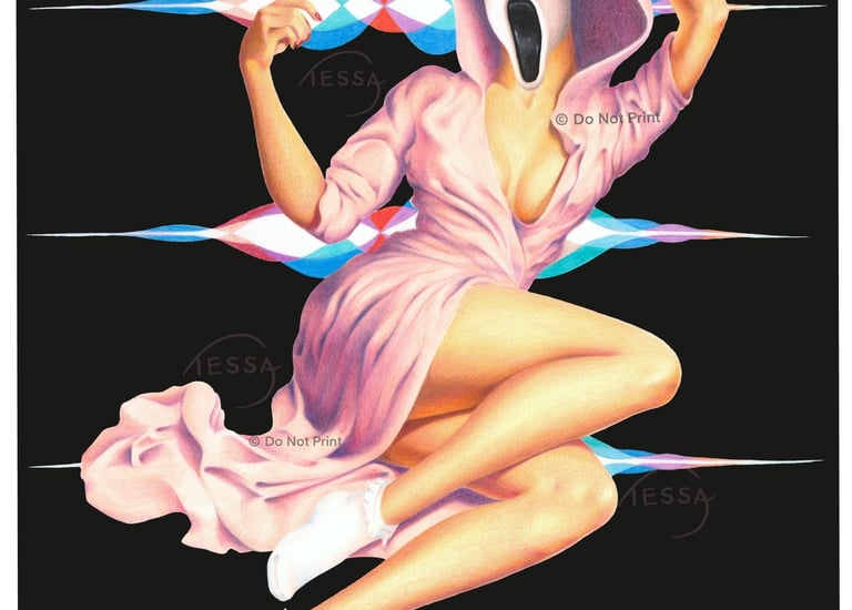 Pin Up, Pinup woman in pink robe, Halloween, Scream mask, on phone, retro and vintage and spooky