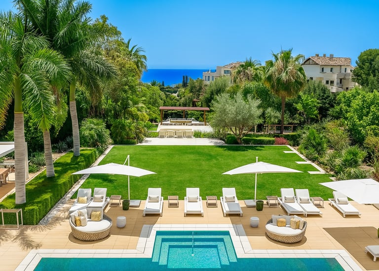 Villa Serenity pool terrace with sunbeds, umbrellas, and sea views