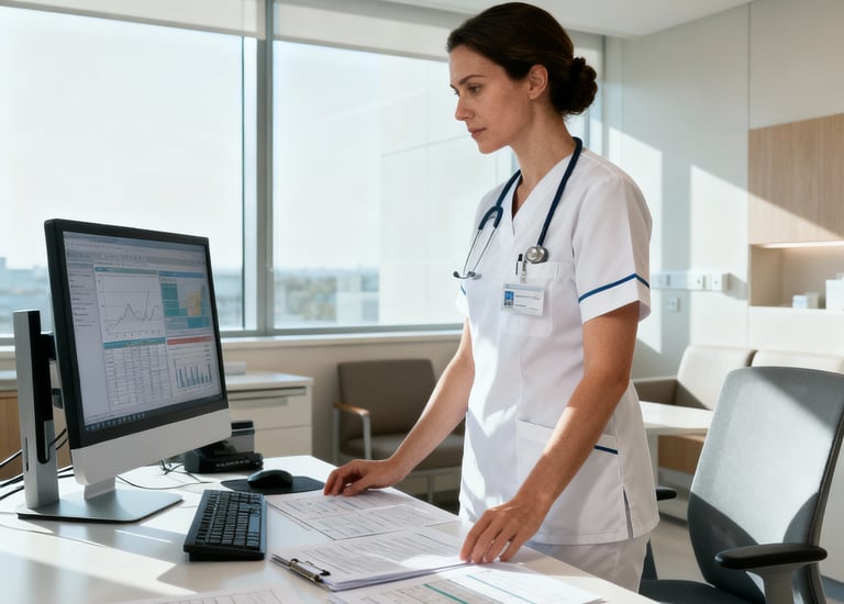 Imagem da enfermeira gestora avaliando indicadores assistenciais