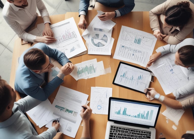 An abstract, pastel-colored, 3D-rendered representation of data analysis and search engine optimization (SEO). The image features a computer interface with various analytics symbols, including a magnifying glass, bar charts, pie charts, and a search bar with the text 'SEO'. Surrounding the interface are different objects such as a potted plant, a cup with a saucer, and a megaphone, all placed on a light green background.
