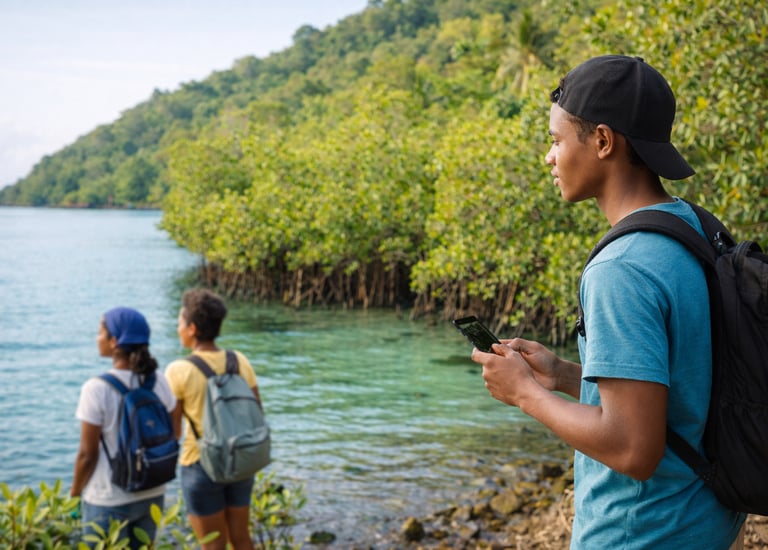 Élèves observant le littoral et la mangrove dans le cadre d’une aire éducative à Mayotte