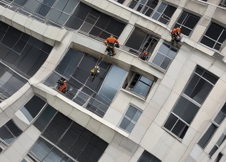 A high-rise building with a modern architectural design features a series of glass panes and sharp geometric shapes. The structure appears to have multiple protruding sections with reflective surfaces, creating a pattern of lines and angles.