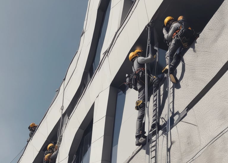 A symmetrical view of a modern high-rise building with a central elevator shaft. The structure features sharp geometric lines, contrasting with the sky visible through narrow gaps. Balconies with metal railings are present on both sides, enhancing the sense of depth.