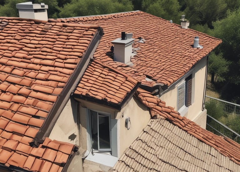 A roof covered with uniform, dark-colored tiles featuring a single red metal vent pipe protruding from the surface. Some tiles around the pipe are missing or displaced, revealing the underlying structure.