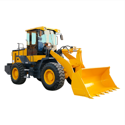 New wheel loader with robust front bucket and powerful wheels on a job site