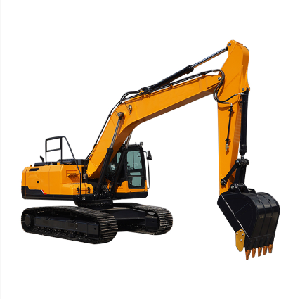 Heavy-duty excavator with extended arm and rotating cab on a job site"