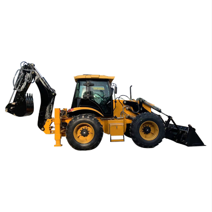 Backhoe loader with front bucket and rear excavator arm on a construction site