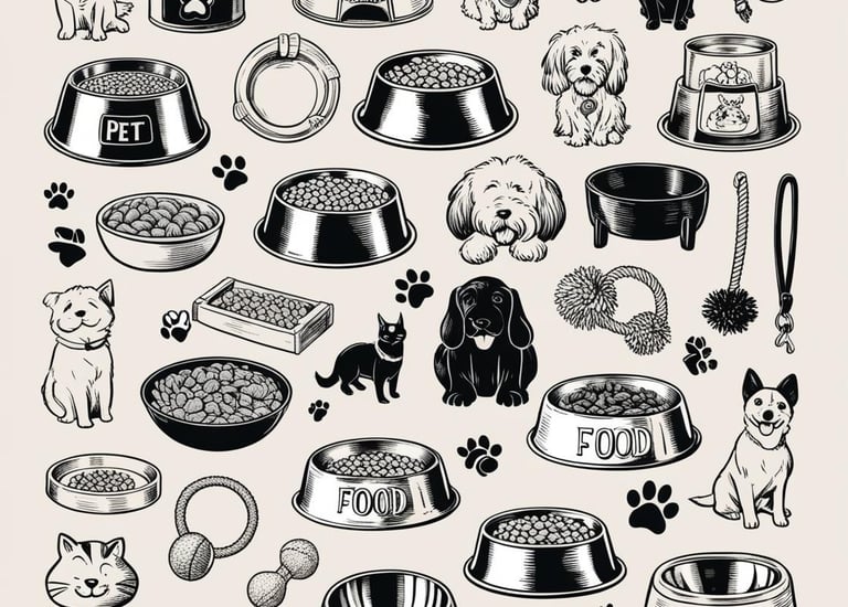 A variety of pet food and accessories arranged together