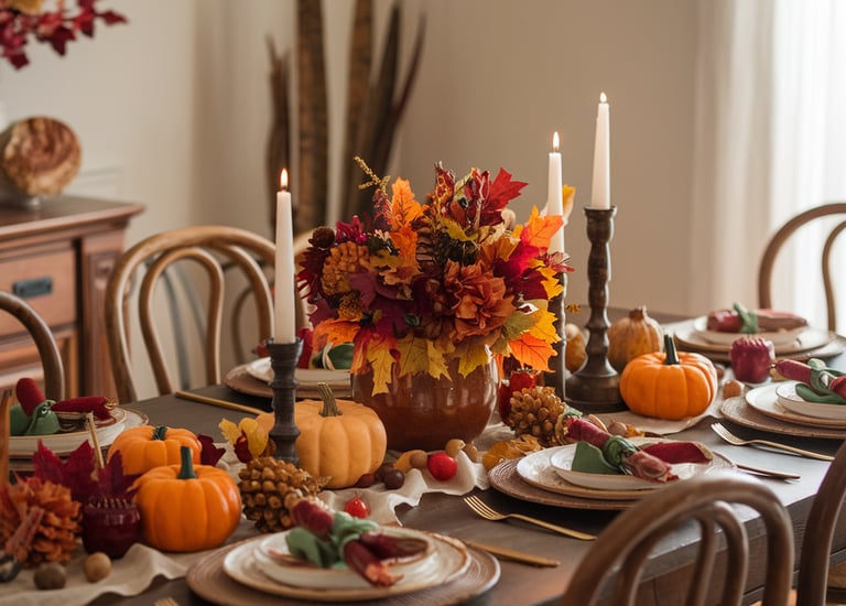 table set in thanksgiving style, with candles, pumpkins, harvest items, a lustre in rattan, rustic style