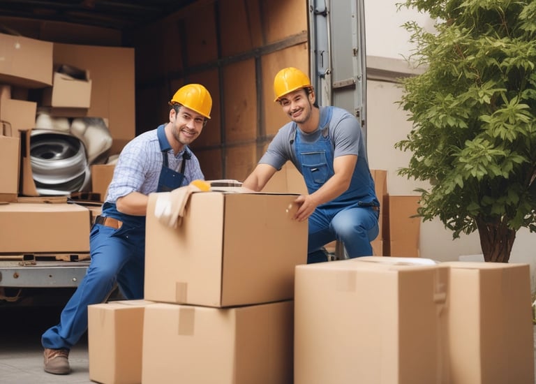 Two individuals are unloading or loading a stack of boxes from the back of a trailer or truck. The trailer has the word 'PETTER' written on its side. One person stands inside the trailer while the other is outside arranging the boxes on a cart.