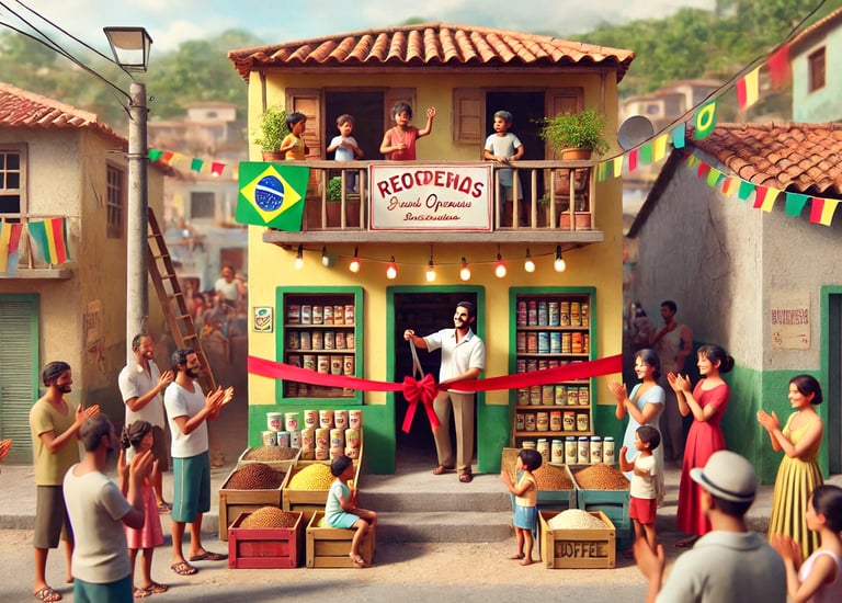 uma mercearia amarela com telhado de telha amarronzado sendo inaugurada