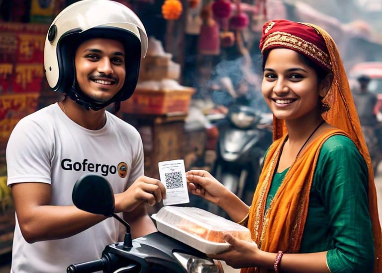 A delivery person picking up the food from the owner of the restaurant to deliver and promoting upi 