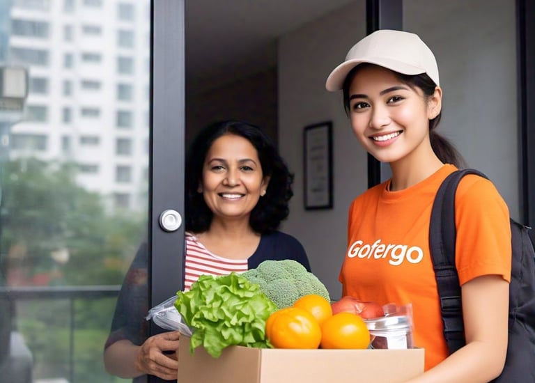 A deliver person wearing orange uniform delivering the grocery to the customer