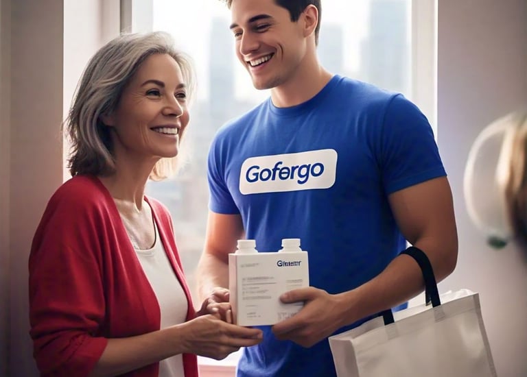 A happy customer receiving the prescription from the deliver person