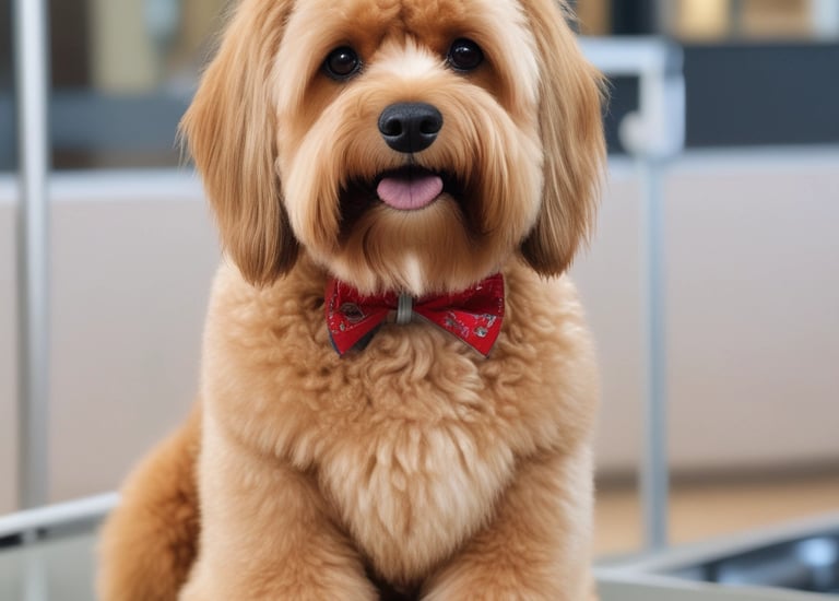 Woman works on laptop with dog in a cozy bedroom.