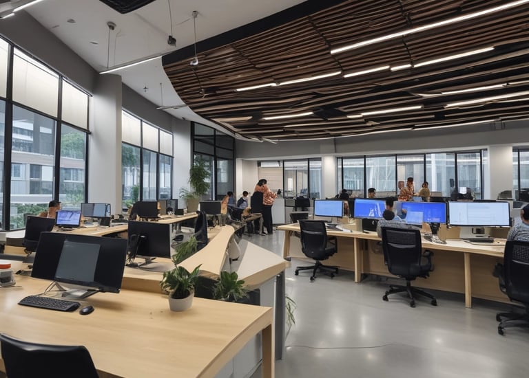 A modern workspace showcasing technology and collaboration.