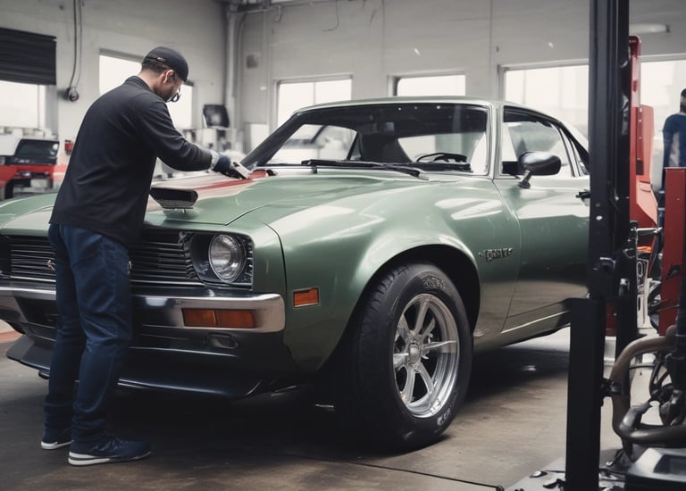 A busy auto body shop with technicians working on vehicles.