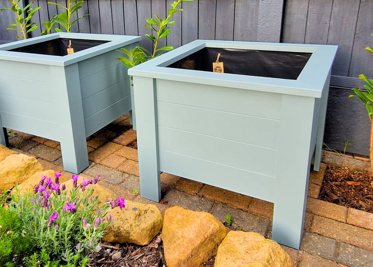 Versailles planter set wooden planters handmade in uk large square design on legs painted in farrow and ball blue c