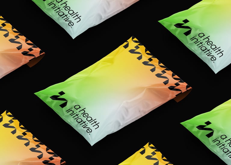 Gradient colors plastic bag packaging design for modern energetic brand with patter and HI logo 