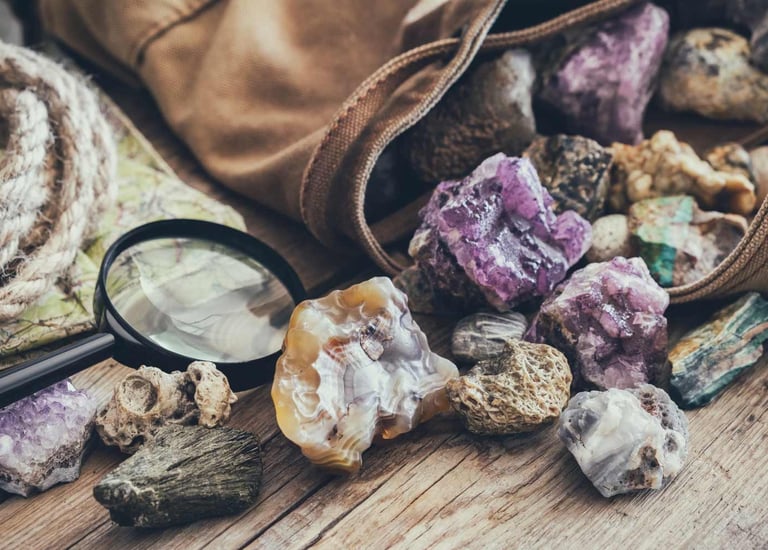 Colección de cristales brutos, amatista y ágata sobre una mesa de madera con una lupa