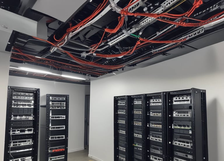 A server rack containing various network and power management devices. The devices feature buttons, switches, and digital displays, indicating active usage and monitoring capabilities. The rack has a black metal mesh design for ventilation.
