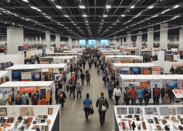 A humanoid robot with large, expressive eyes stands prominently, capturing attention in a tech event setting. People in business attire are visible in the background, engaged in conversation and examining displays. The scene is vibrant with a backdrop that features the phrase 'Connected All Over Europe' in bold pink lettering.