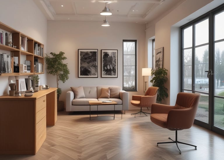 A professional consultation setting with a medical professional sitting at a desk facing a client. The room has a modern aesthetic with white walls decorated with framed certificates. The desk is organized with office supplies, a laptop, and a fruit bowl in the center.