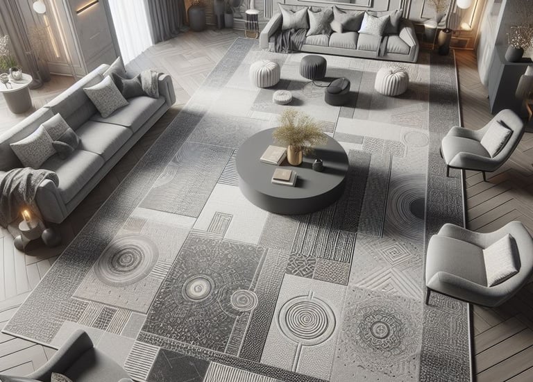 a living room with a large rug and a couch