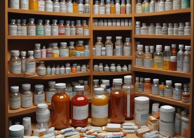 Several glass jars containing dried herbs and plant material are arranged on a countertop. In front of the jars, there is a rolled cigarette or joint labeled 'RAW' lying next to some loose herbs or cannabis buds.