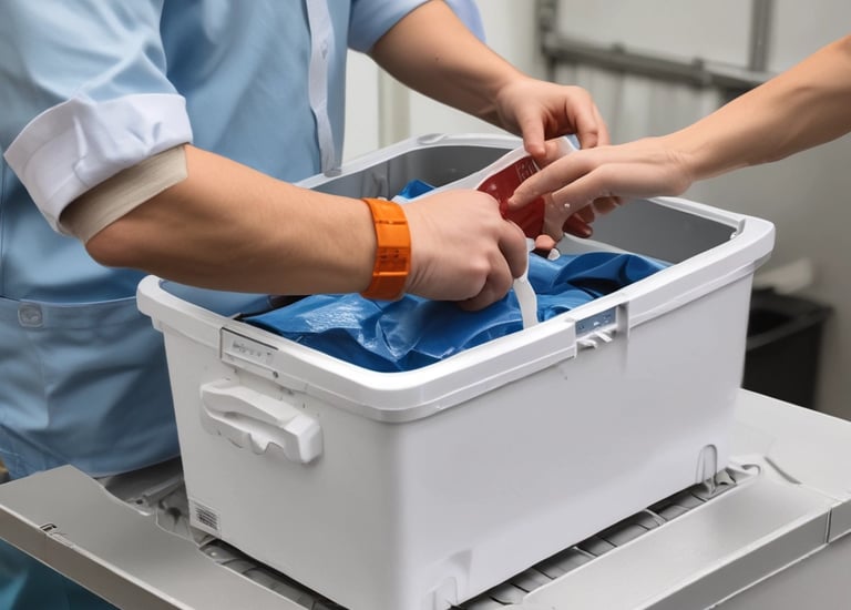 A medical courier with a secure package in a hospital setting.