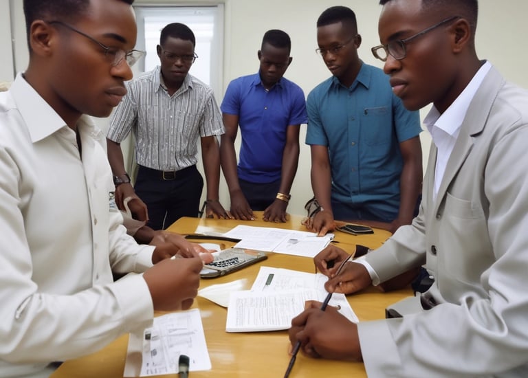 A modern office space with a team in discussion.