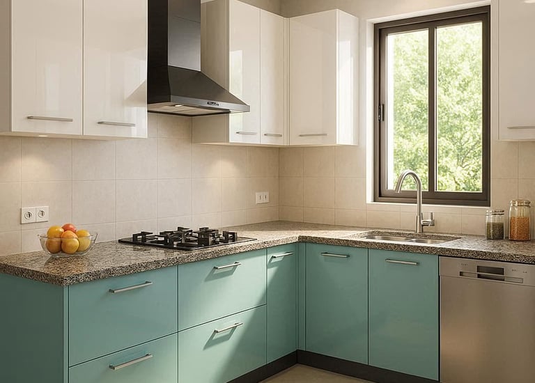 Modern kitchen with teal lower cabinets, white upper cabinets, and a black range hood.