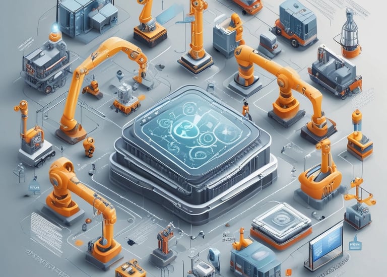 Modern factory floor with automated robotic arms operating.